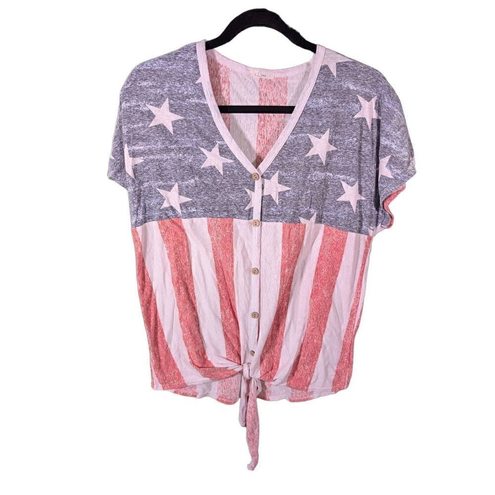 E. Luna V Neck American Flag Front Tied T Shirt Top Women's Small